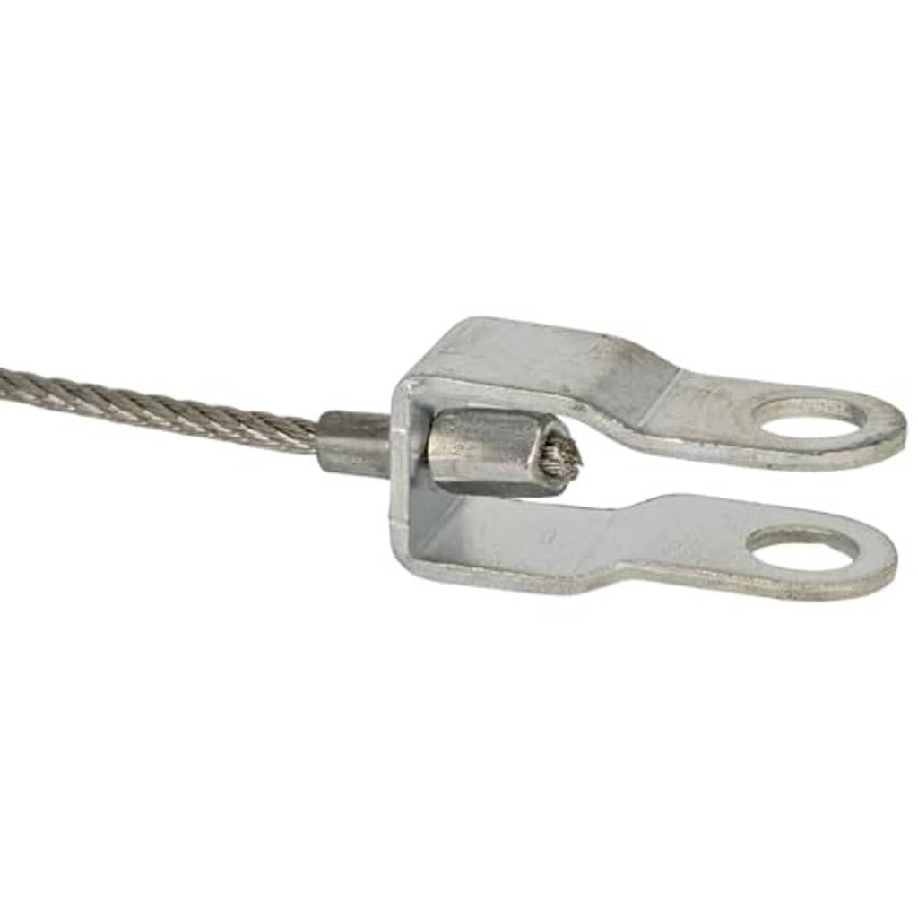 Hood release cable end with braided steel wire and two mounting loops, silver metal