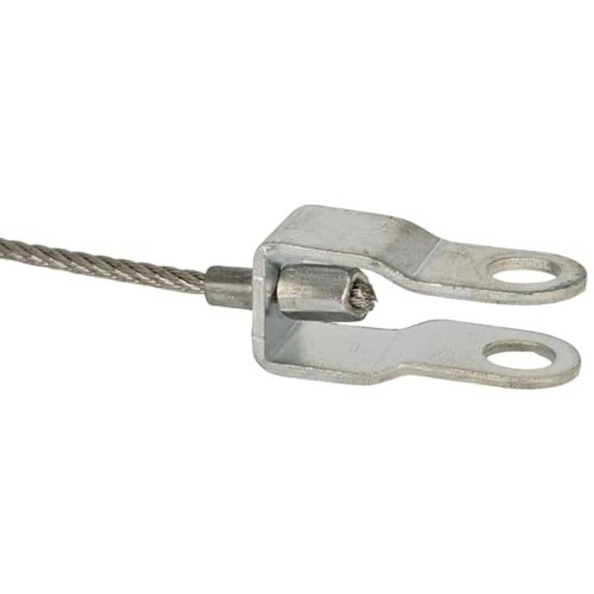 Hood release cable end with braided steel wire and two mounting loops, silver metal