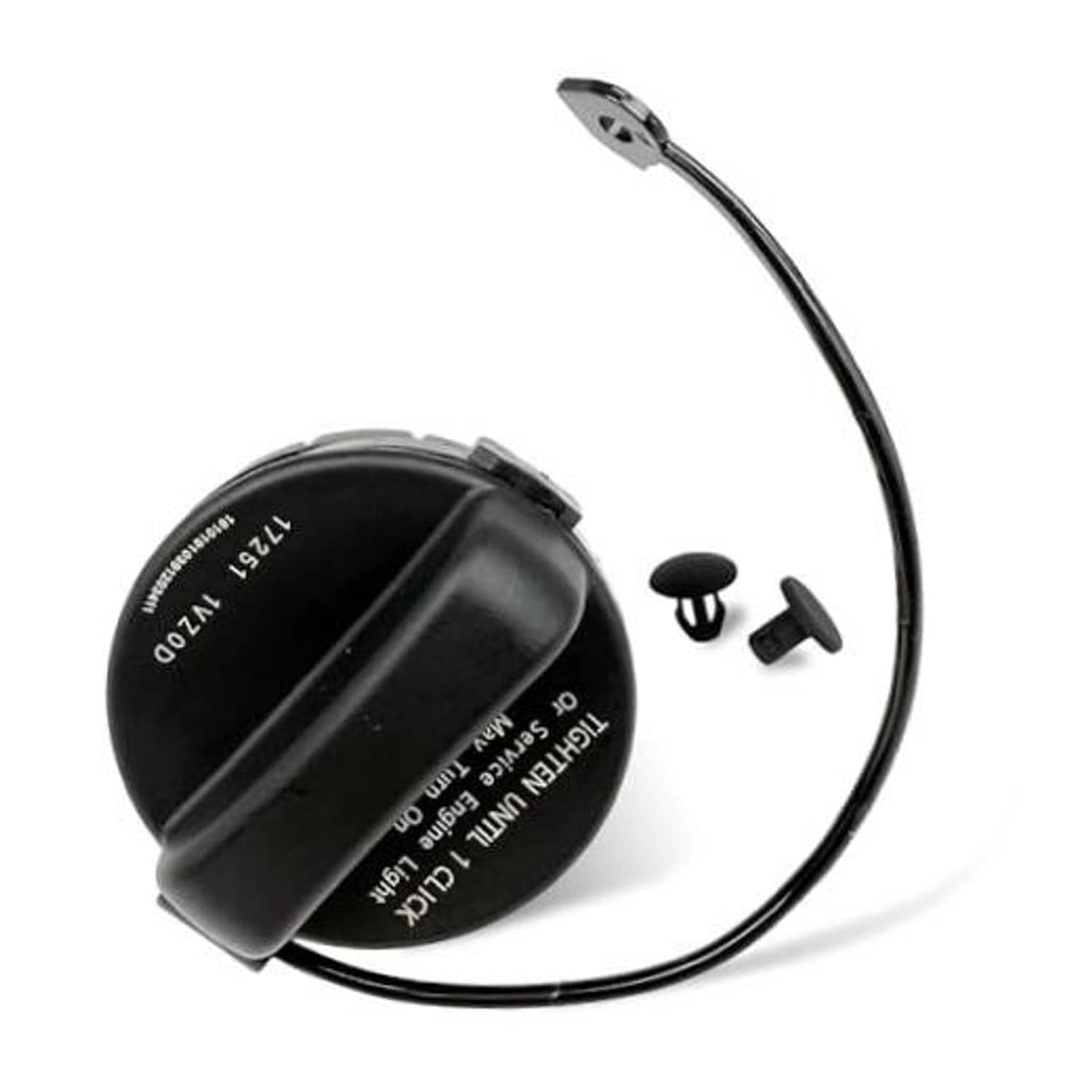 Fuel tank gas cap with black tether and two mounting clips