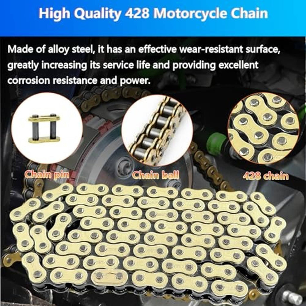 Gold 428 motorcycle chain showing chain pin and chain ball details
