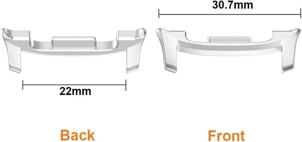 Watch band connector adapter front and back views with 22mm and 30.7mm sizing