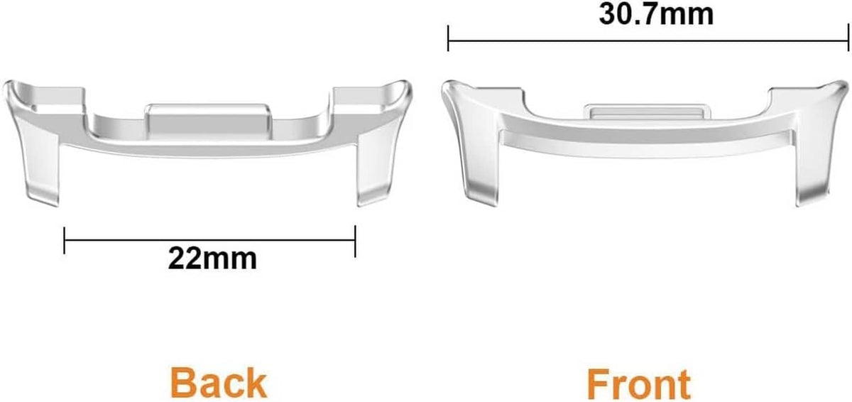 Watch band connector adapter front and back views with 22mm and 30.7mm sizing
