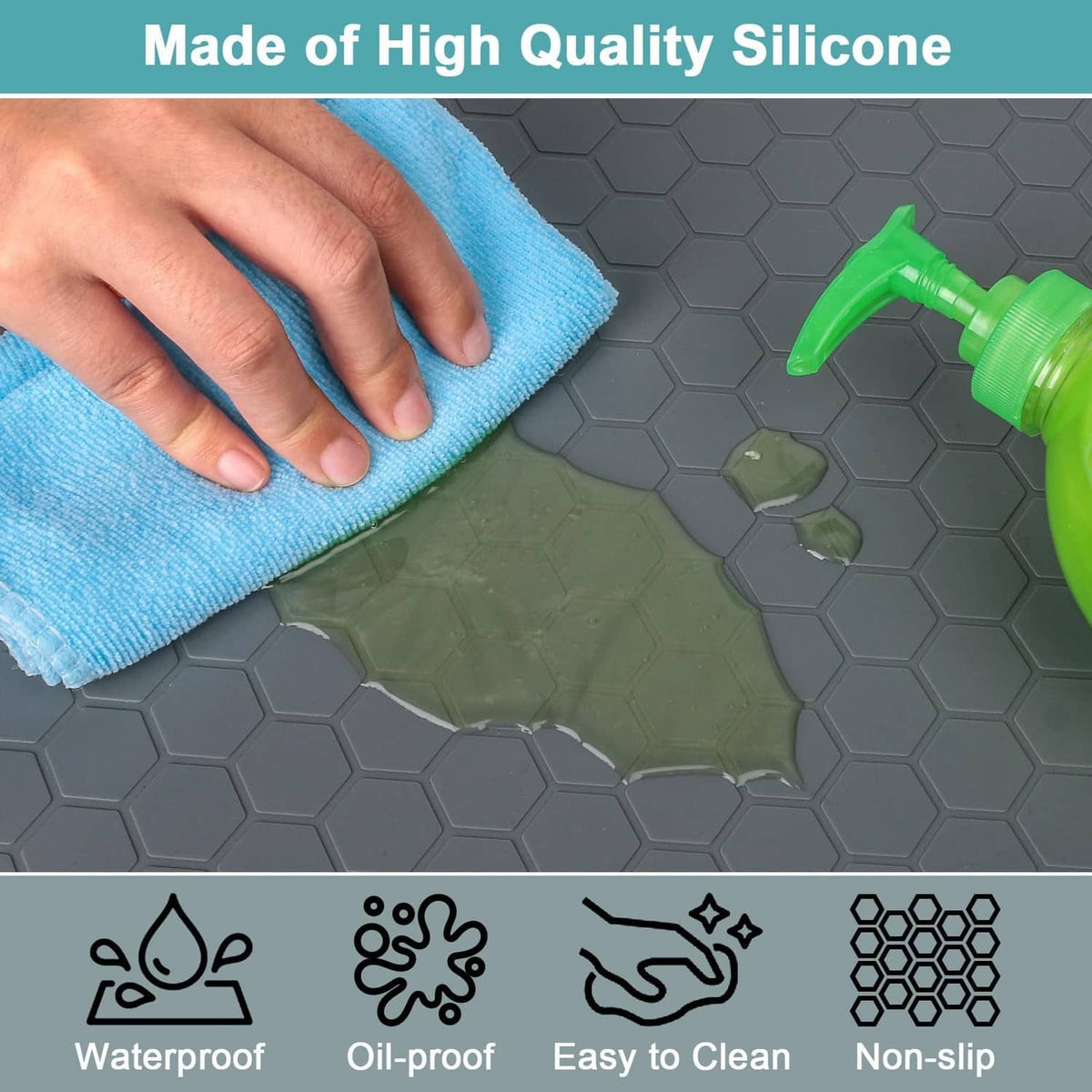 Gray silicone mat with hex texture, wiped clean with a blue cloth