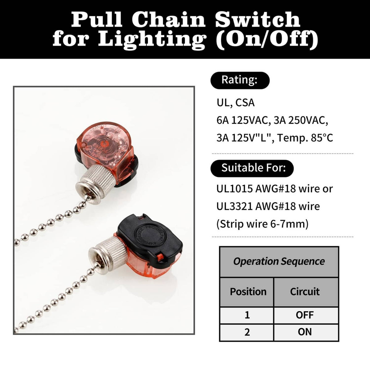 Pull chain switch for lighting on/off, showing switch socket, chain, and black cover