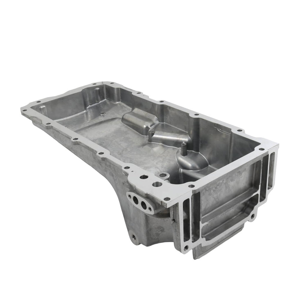 Engine oil pan kit angled view of oil pan tray with baffle and multiple bolt holes