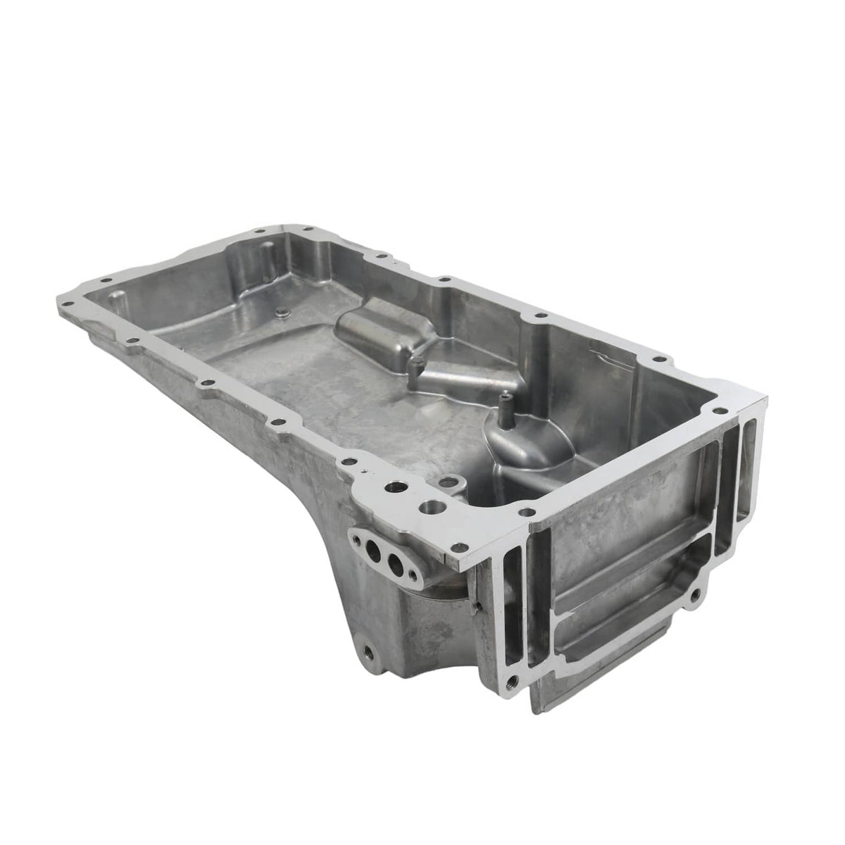 Engine oil pan kit angled view of oil pan tray with baffle and multiple bolt holes