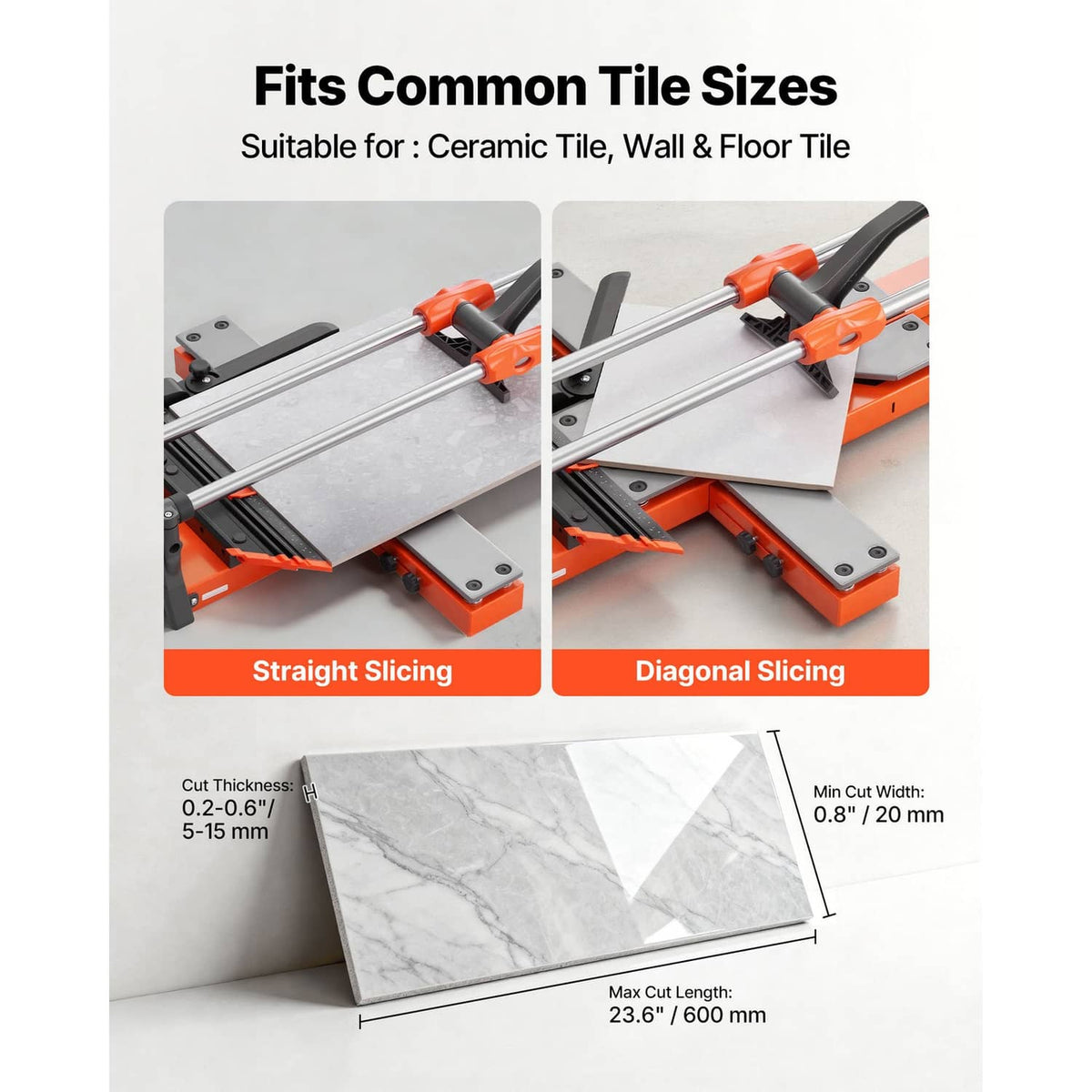 Manual tile cutter for straight and diagonal cuts, orange rails and platform