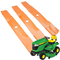 Orange mower blade set with three blades and mounting holes for lawn mower deck