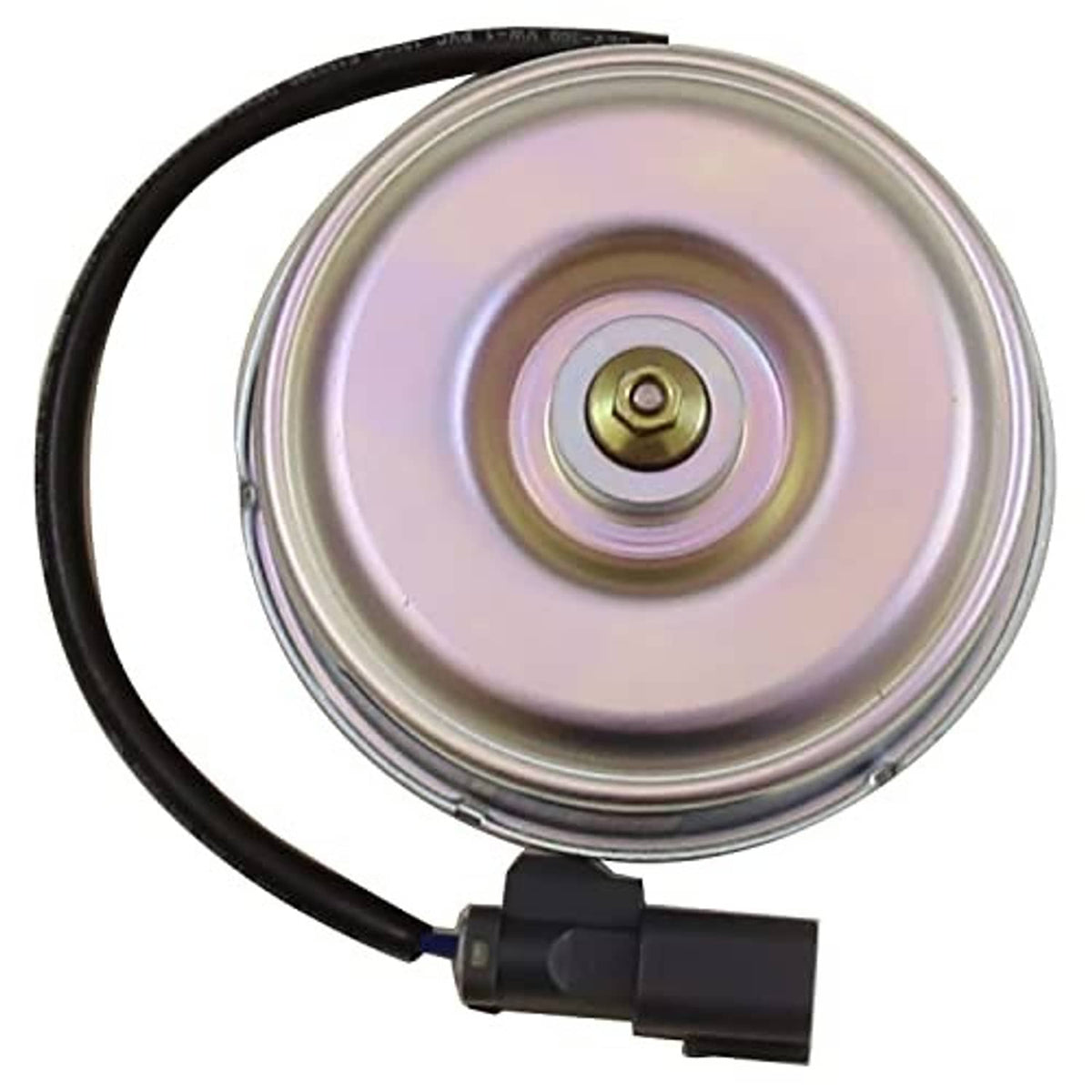 Replacement cooling fan motor with circular back plate, brass center, and black power lead