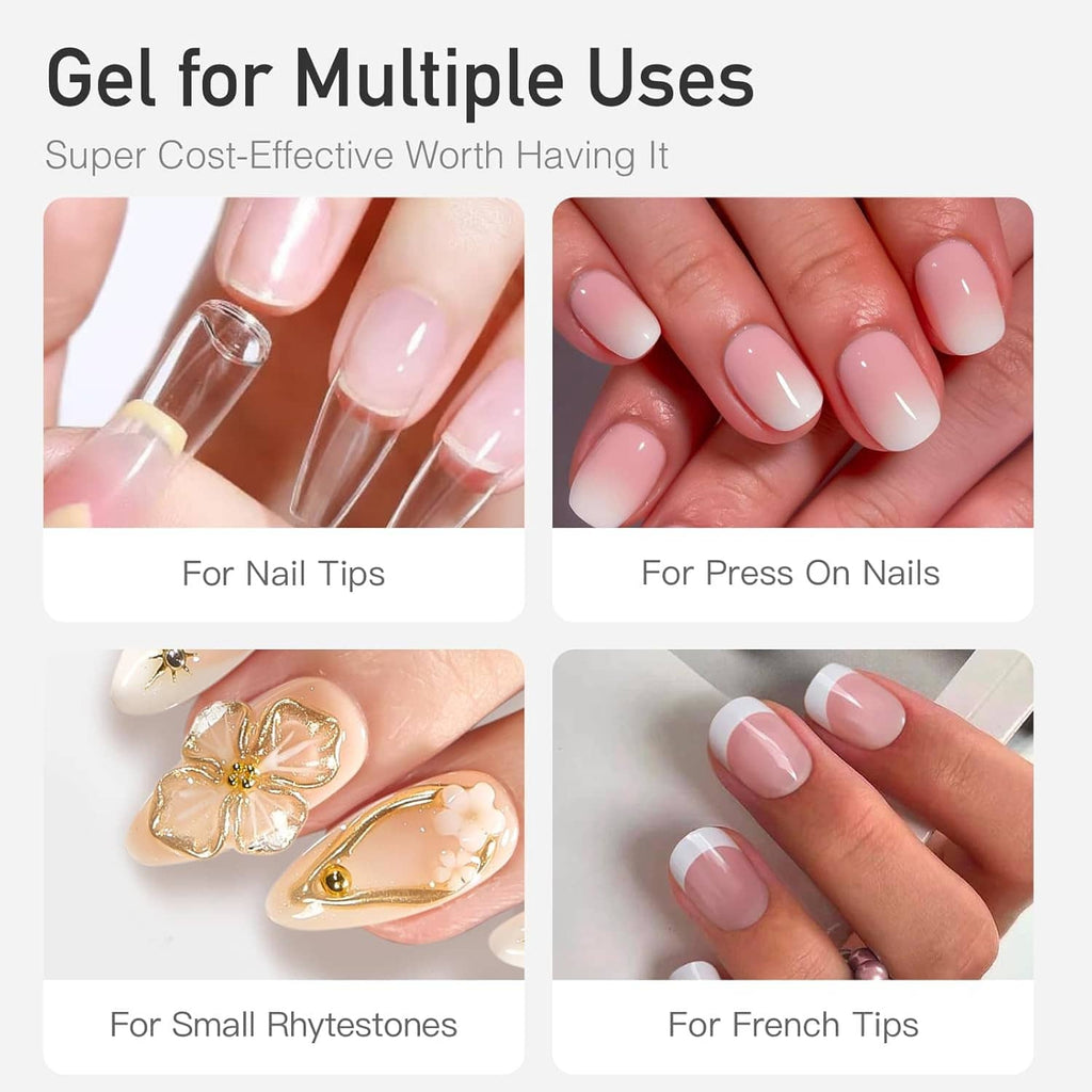 Nail glue gel shown for nail tips and press-on nails, plus small rhinestone and French tips