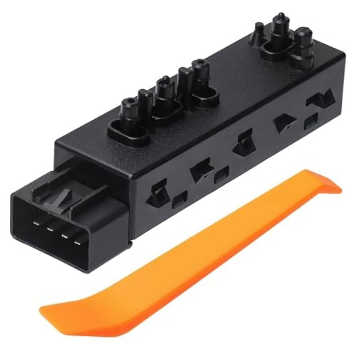 Black power seat switch with button array, side cutouts, and orange release tab