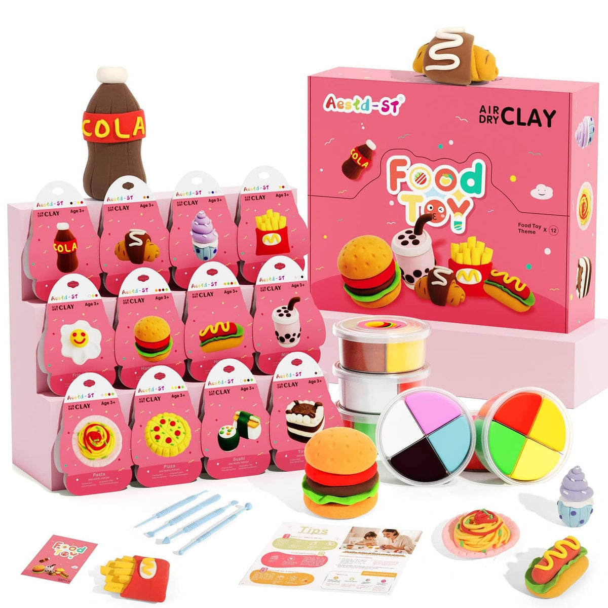 Air-dry clay kit with food toys: boxed set, clay molds, and colorful clay pieces