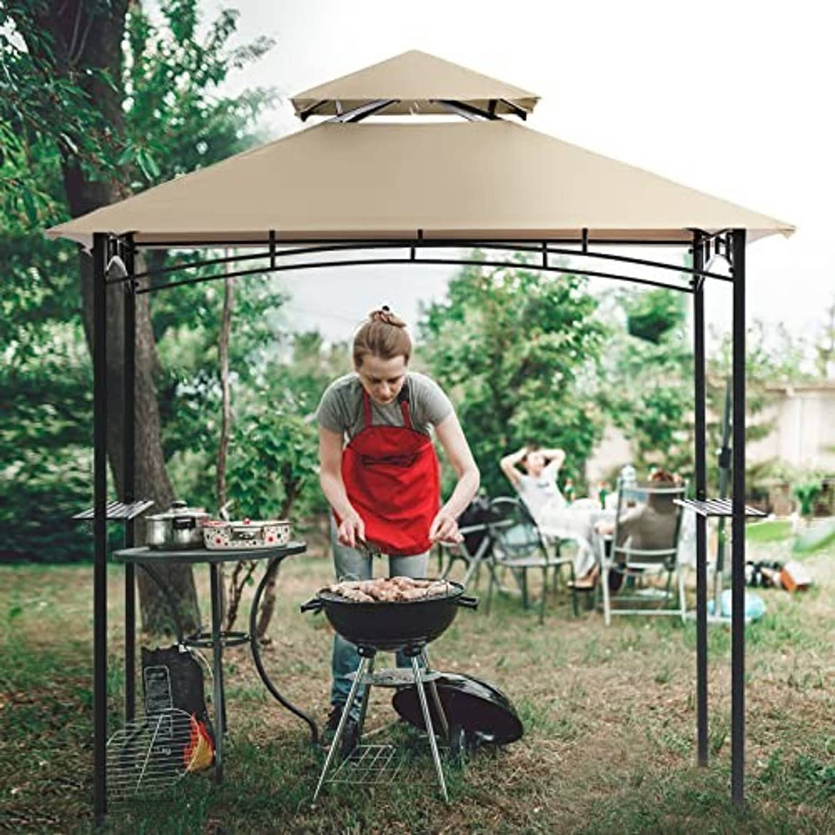 Beige double-tier grill gazebo replacement canopy roof on outdoor black frame