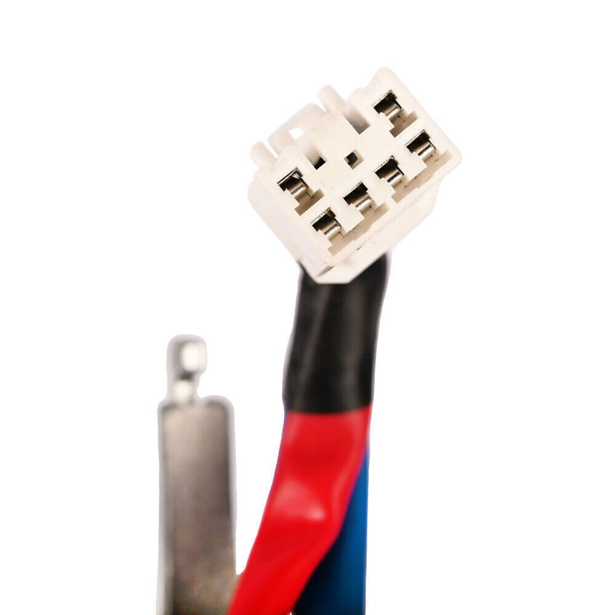 Electrical connector plug with red and blue wire leads and metal pin housing