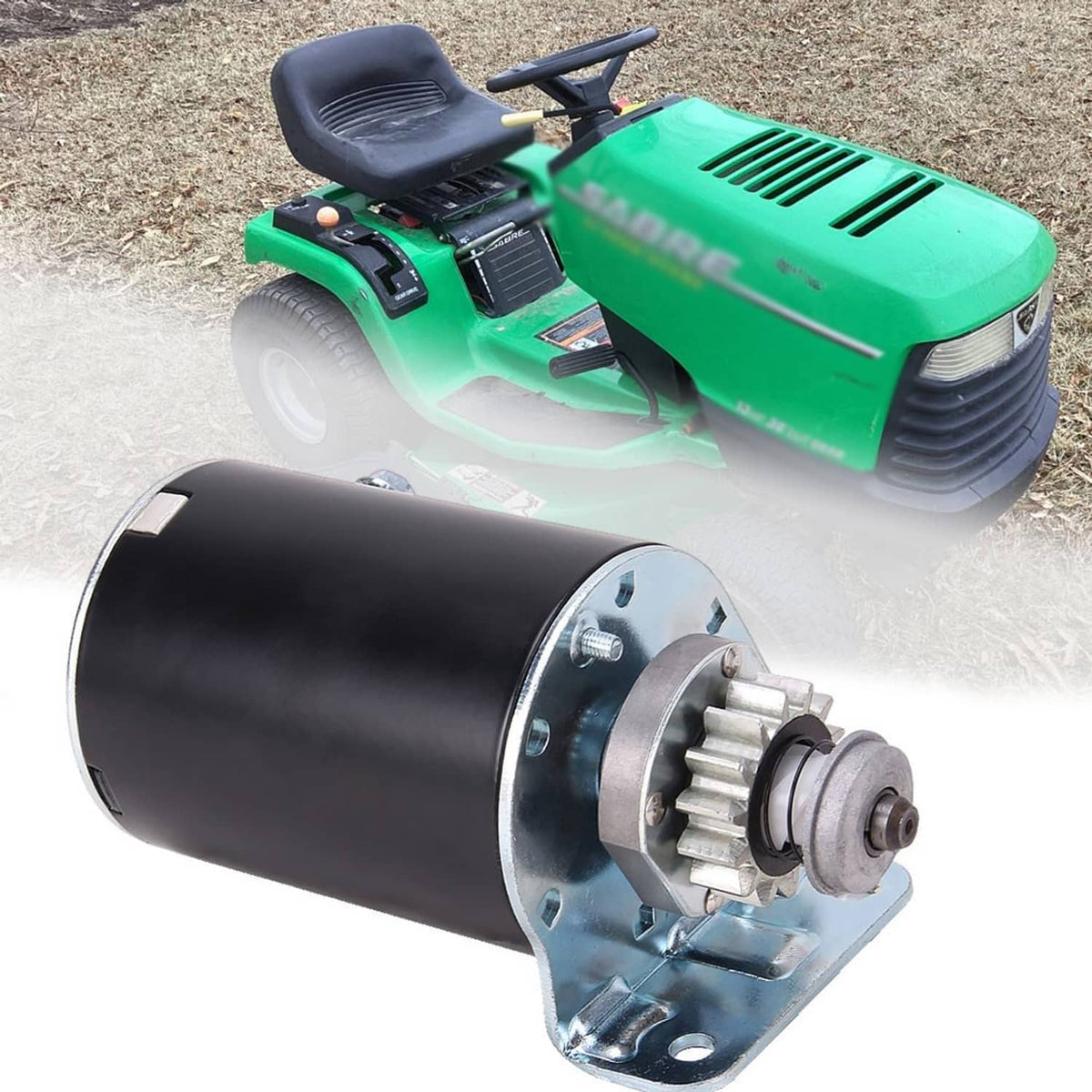 Mower starter motor with black cylindrical housing and gear end on mounting bracket