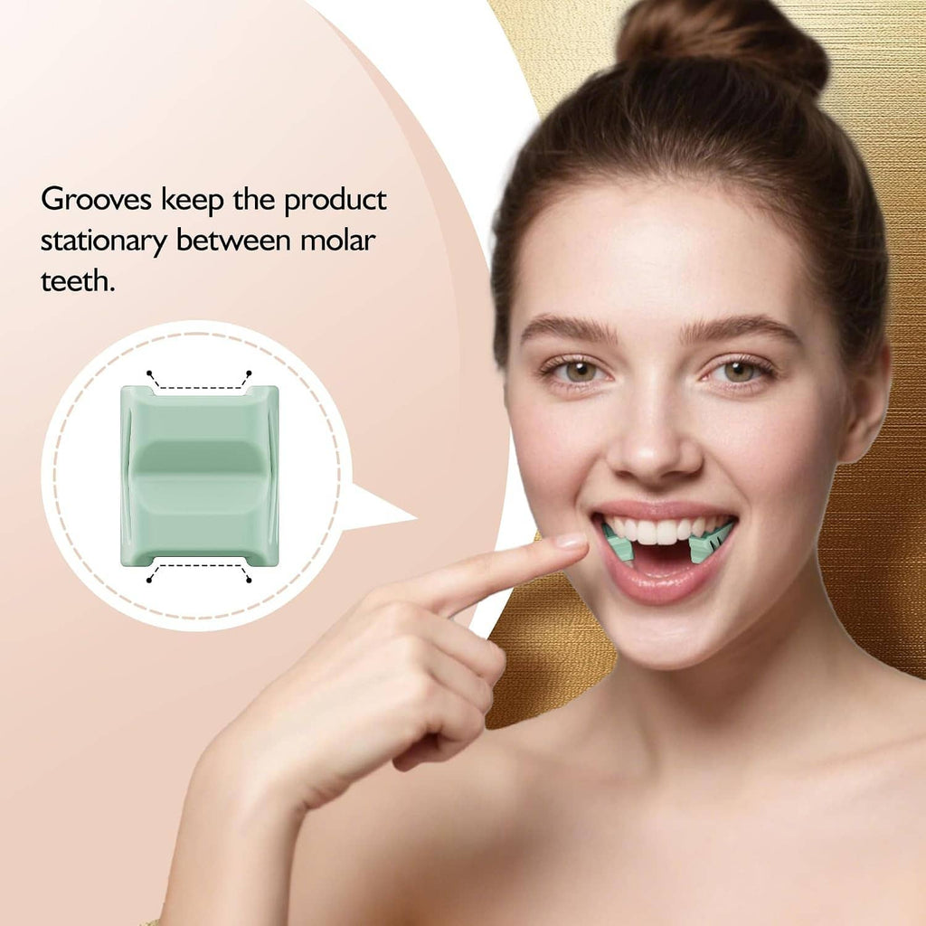 Green silicone jaw exerciser with grooved bite surface to help stabilize between molars