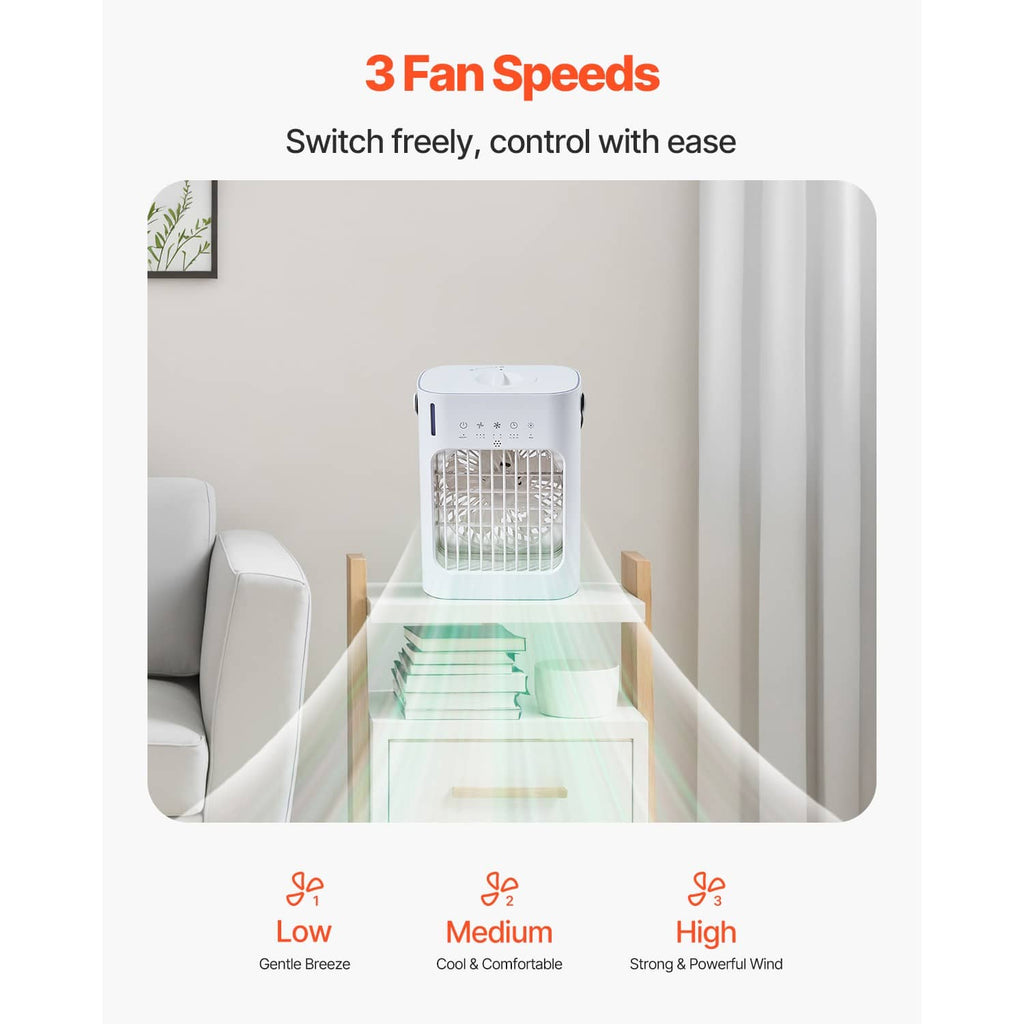 Compact air cooler with front grille and top control panel, selectable low medium high speeds