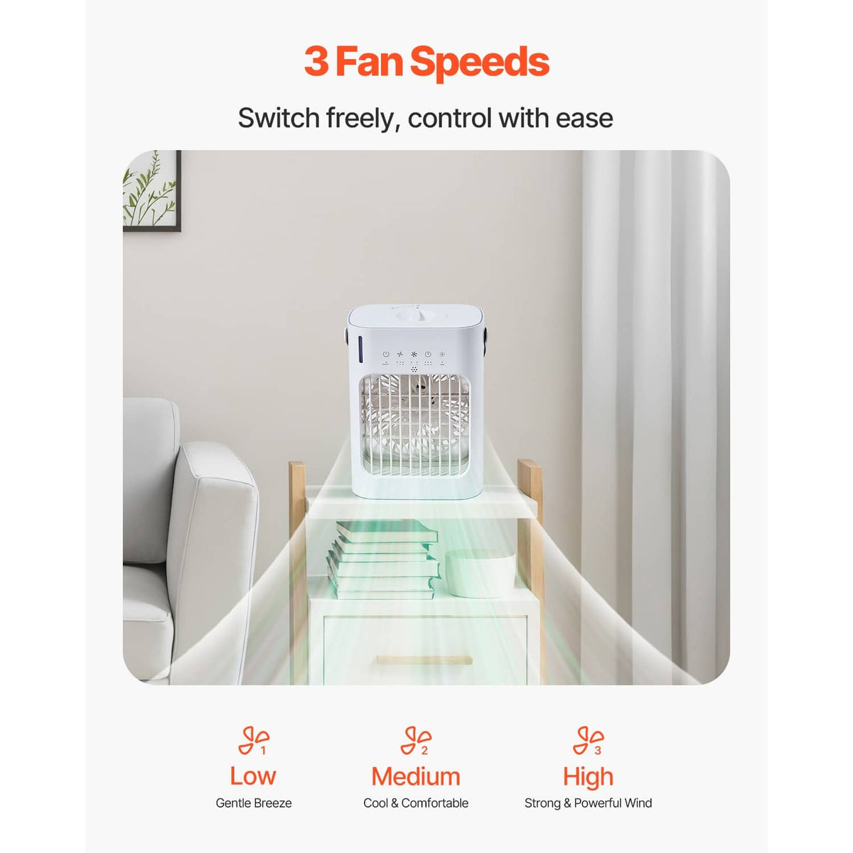 Compact air cooler with front grille and top control panel, selectable low medium high speeds