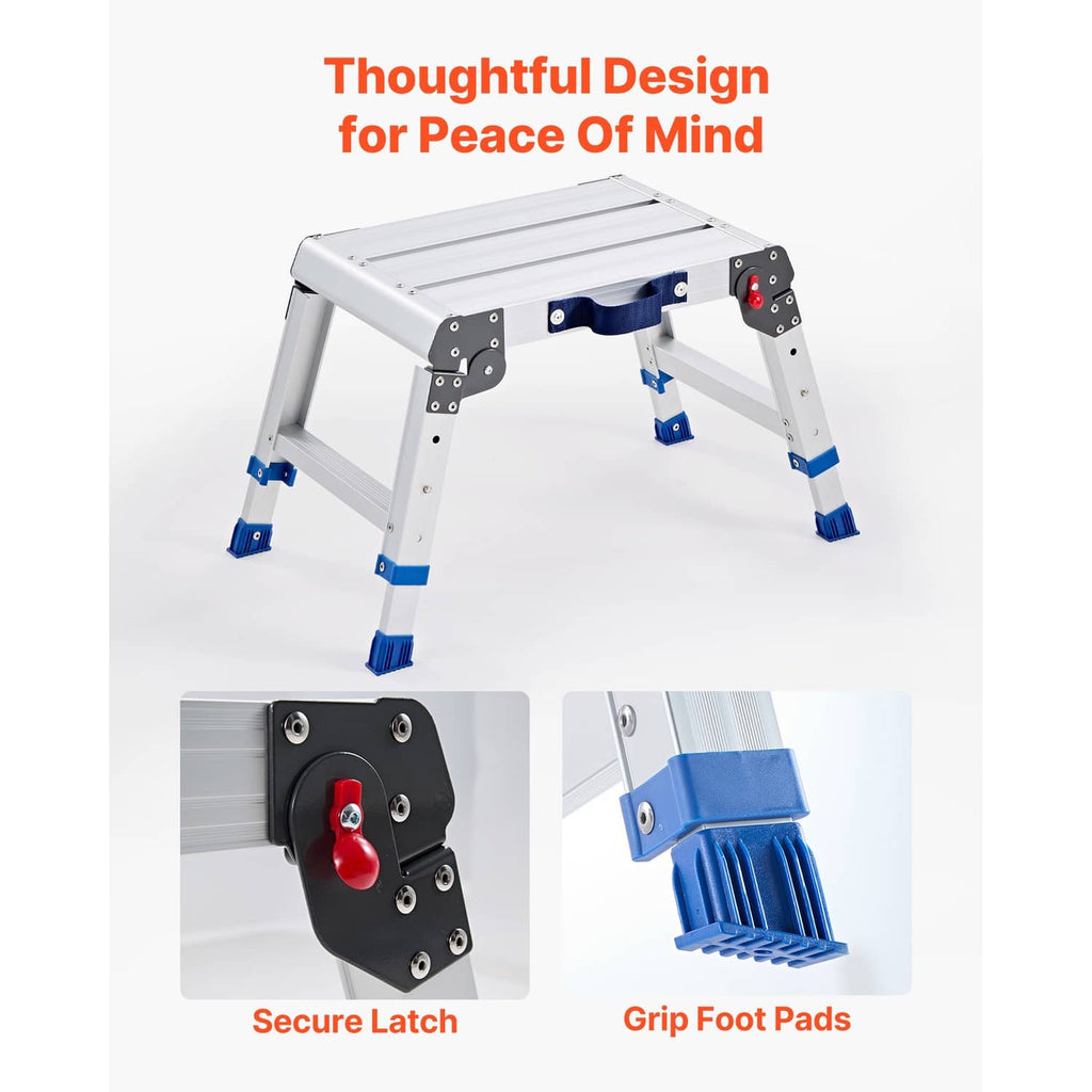 Folding work platform detail showing latch and blue foot pads on white frame