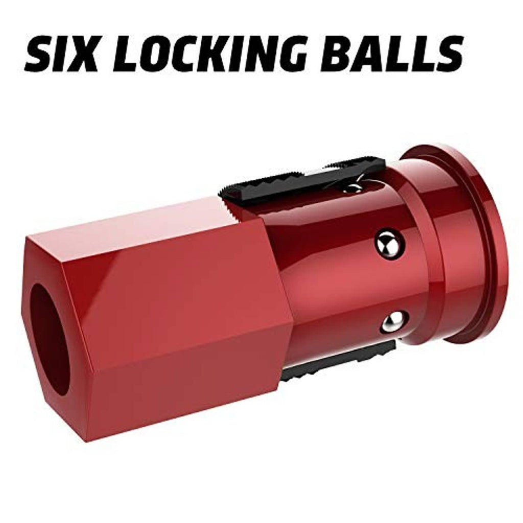 Red air coupler with six locking balls and cylindrical housing for hose connection