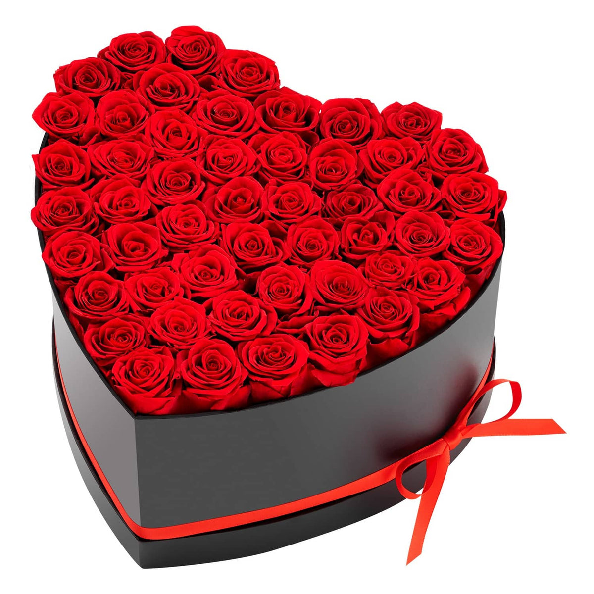 Heart-shaped preserved rose box with red roses and red bow ribbon at the side