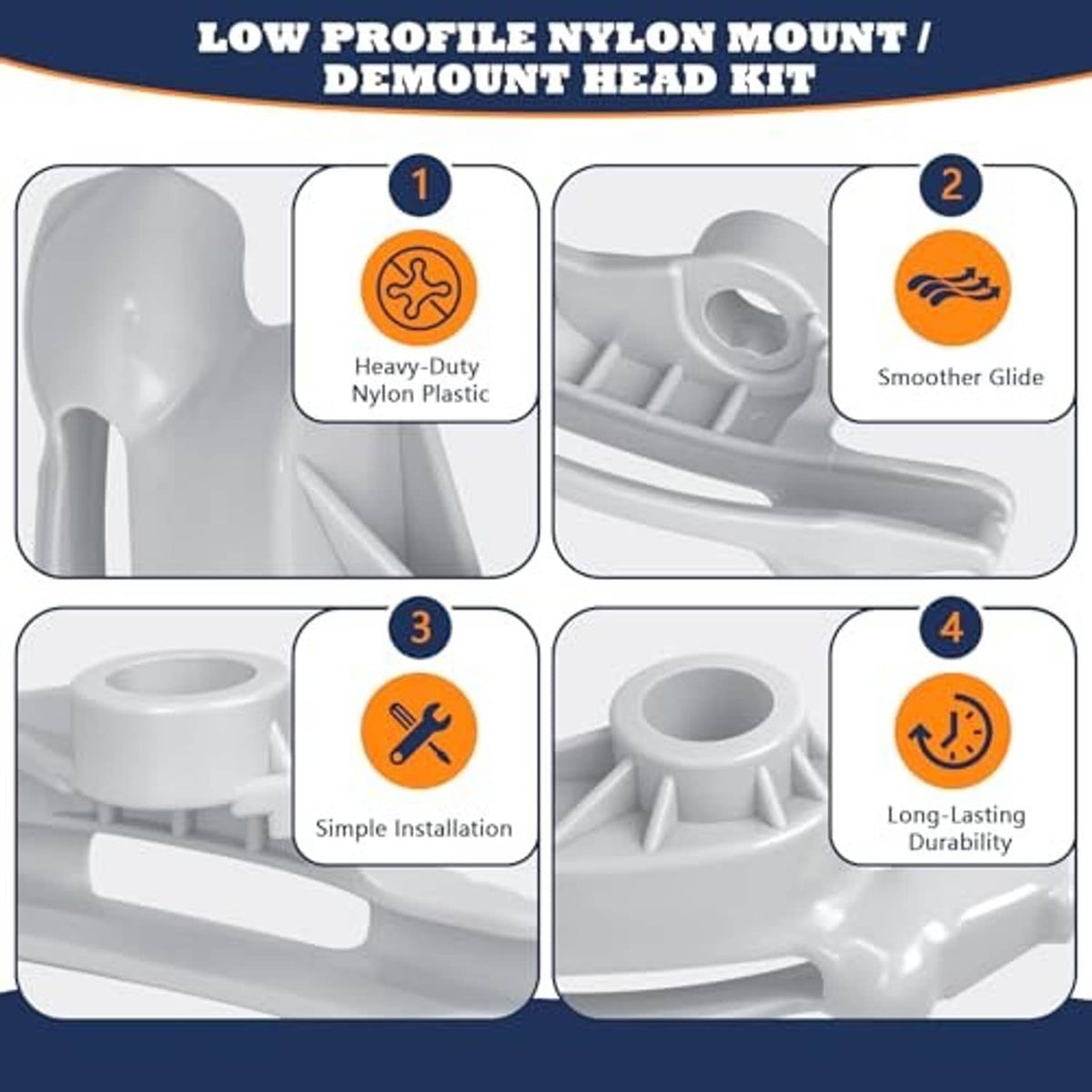 Low profile nylon mount/demount head kit, white plastic with smooth glide design