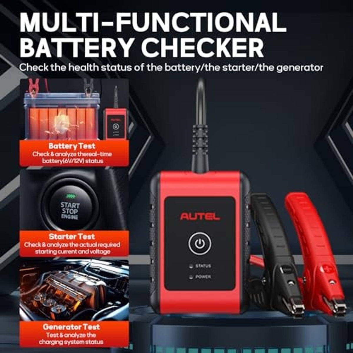 Red and black multi-functional battery checker with power and status indicators