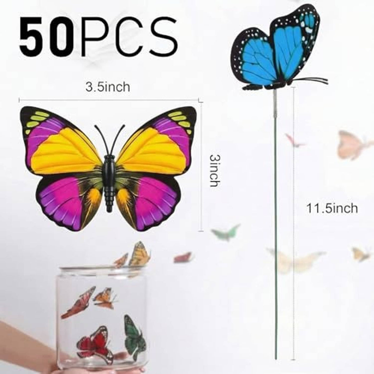 Colorful plastic butterfly garden stakes with 3.5-inch butterflies and 11.5-inch stems
