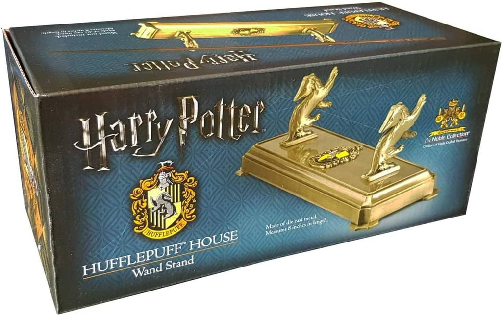 Harry Potter Hufflepuff House wand stand retail box with badger statues and golden base