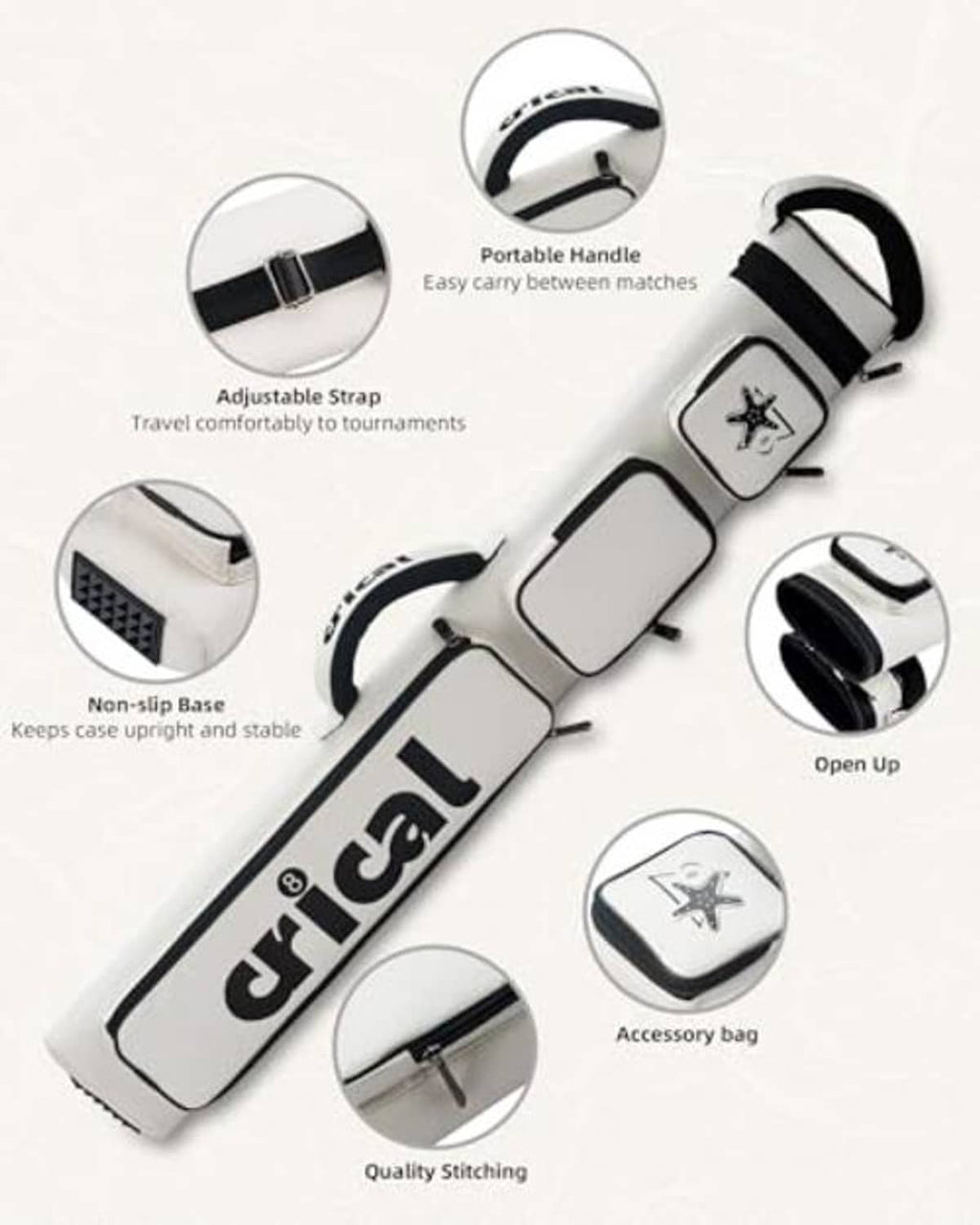 White pool cue case with adjustable travel straps, padded handle, and non-slip base