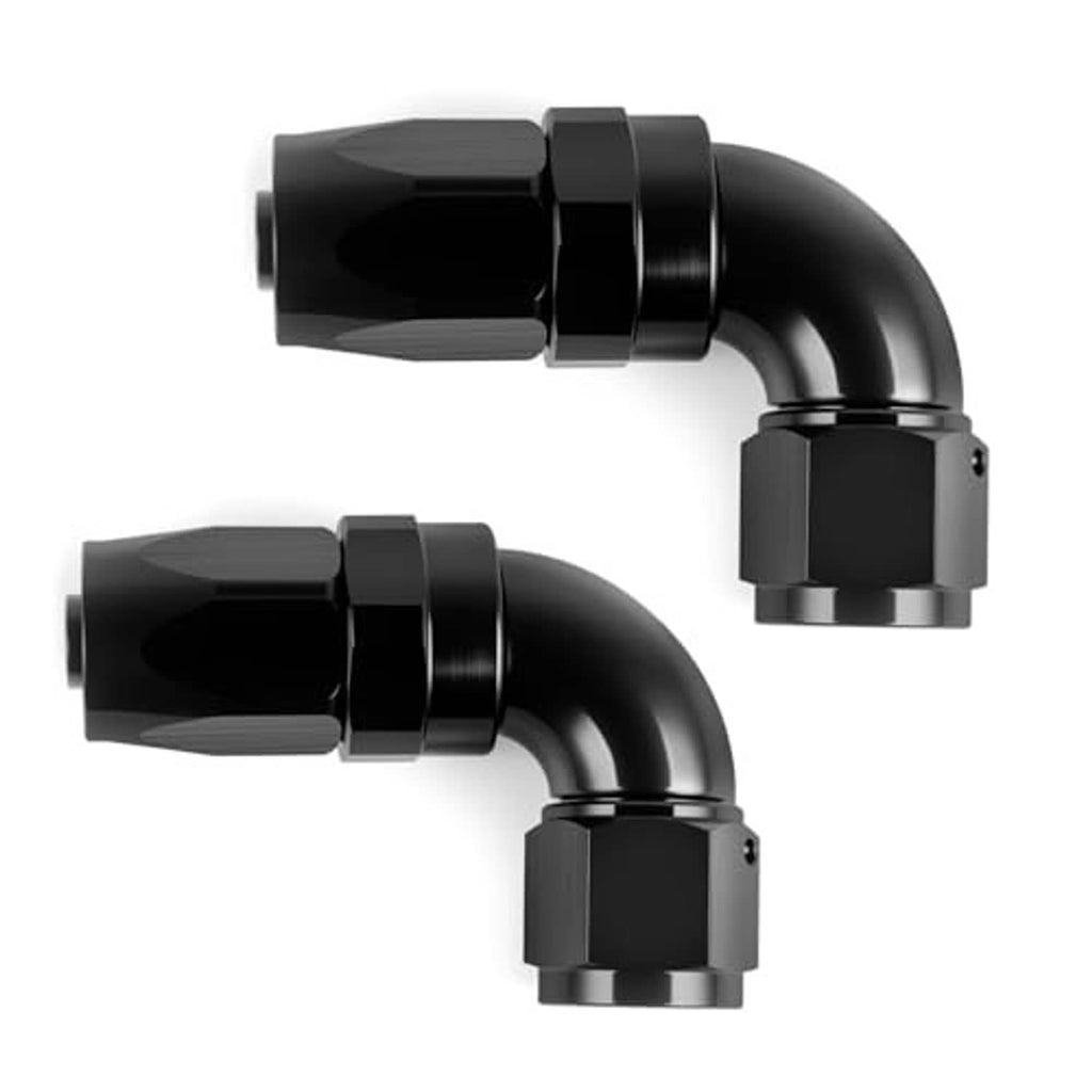 Black 90-degree elbow swivel hose end fitting with hex base and curved outlet