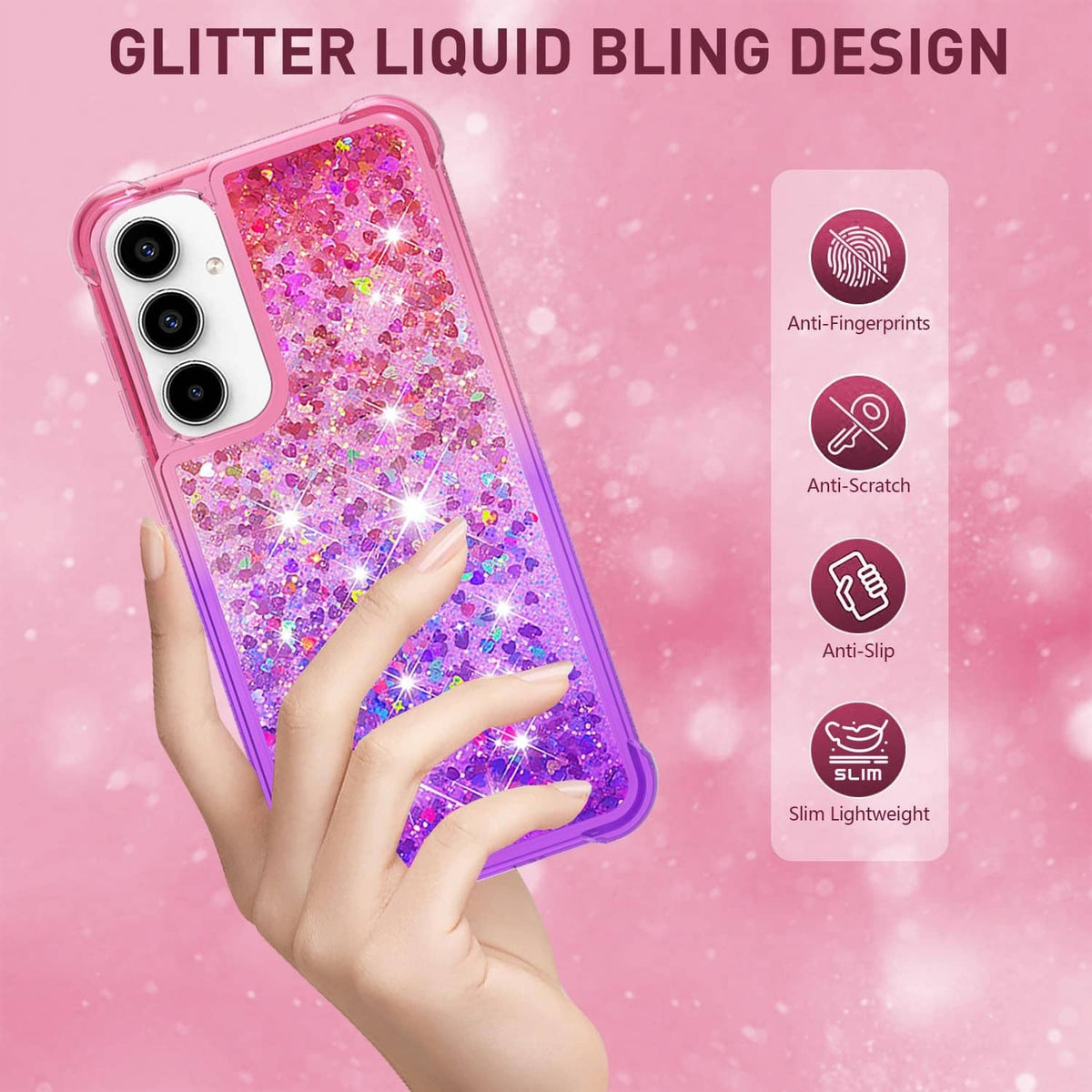 Pink and purple liquid glitter phone case, slim anti-slip grip design