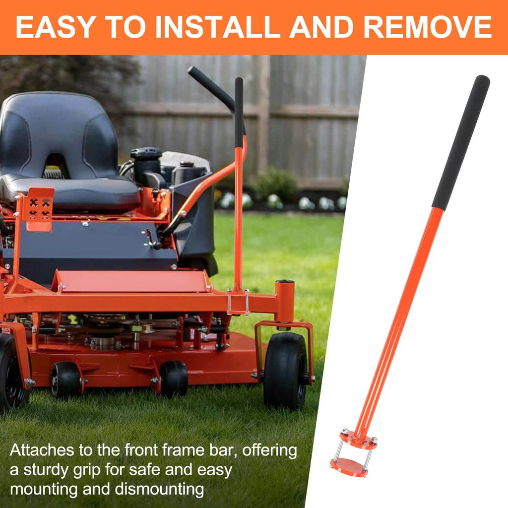 Orange mount assist handle attached to mower frame near the seat