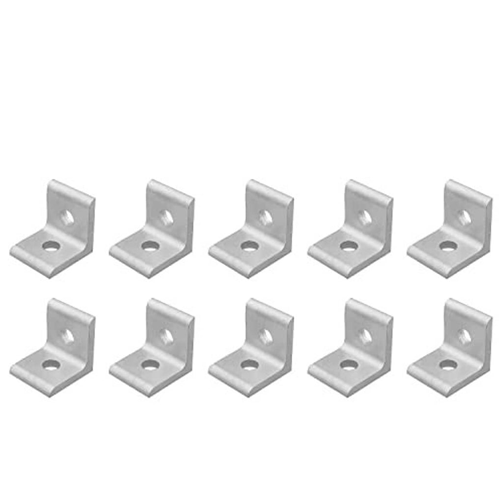 Set of 10 aluminum inside corner brackets with two mounting holes, silver finish.