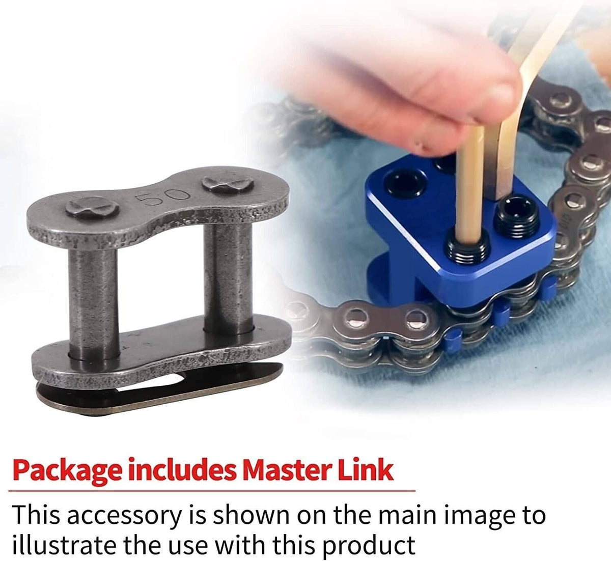 Blue master link chain press tool with included metal master link component