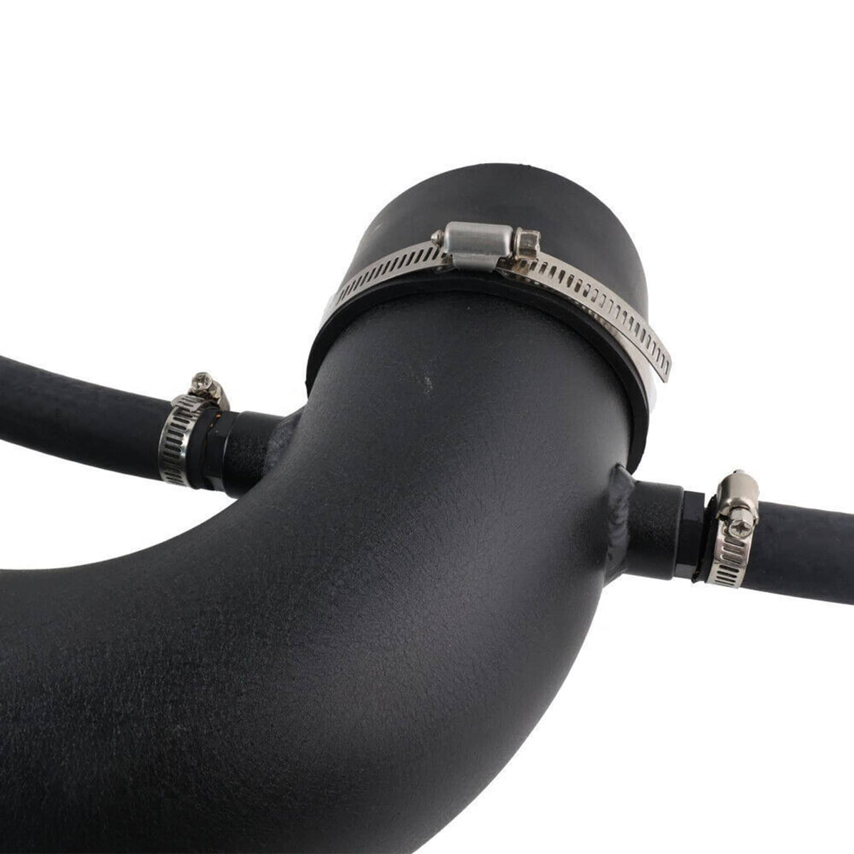 Black cold air intake piping with clamps and ribbed filter housing