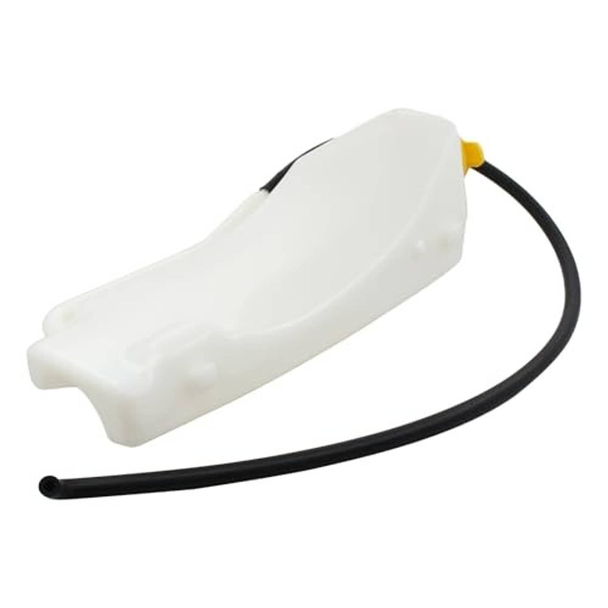 White coolant reservoir tank with black hose and yellow cap, side profile