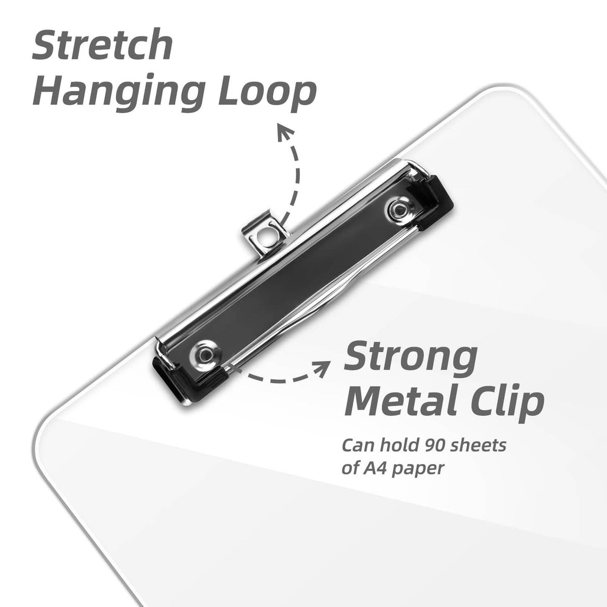 Clear clipboard with strong metal clip and stretch hanging loop