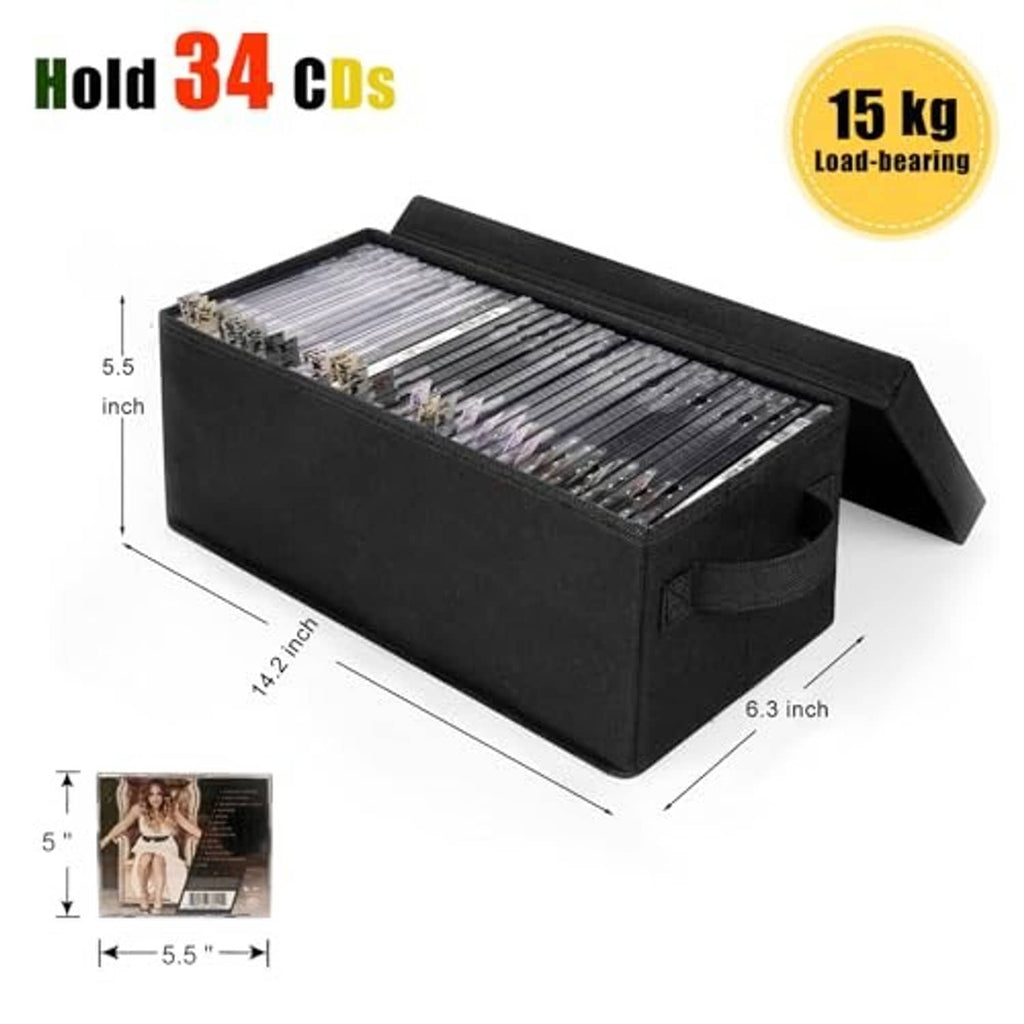 Black collapsible CD storage case with open lid and multiple disc slots inside