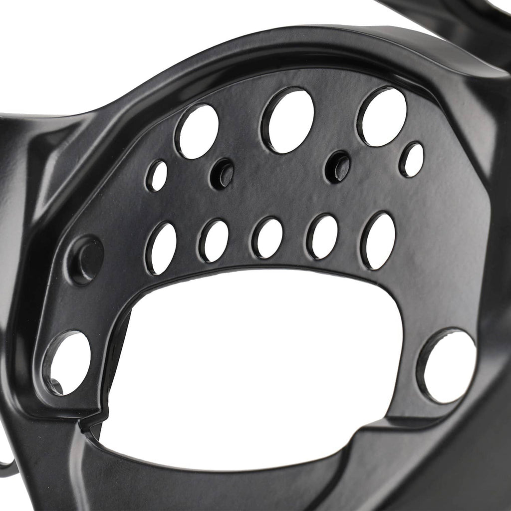 Black mounting bracket close-up with oval and round cutouts