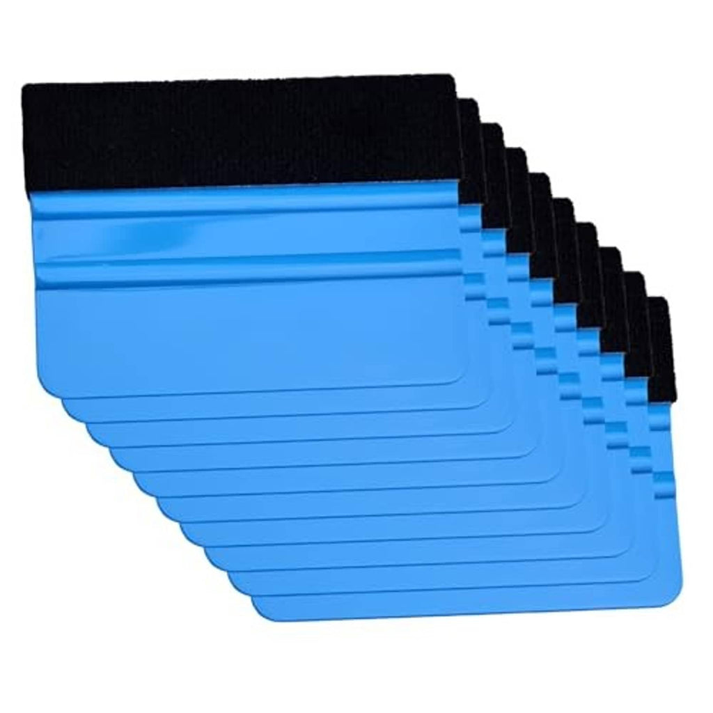 Vinyl wrap squeegee set with blue bodies and black felt scraping edges, stacked
