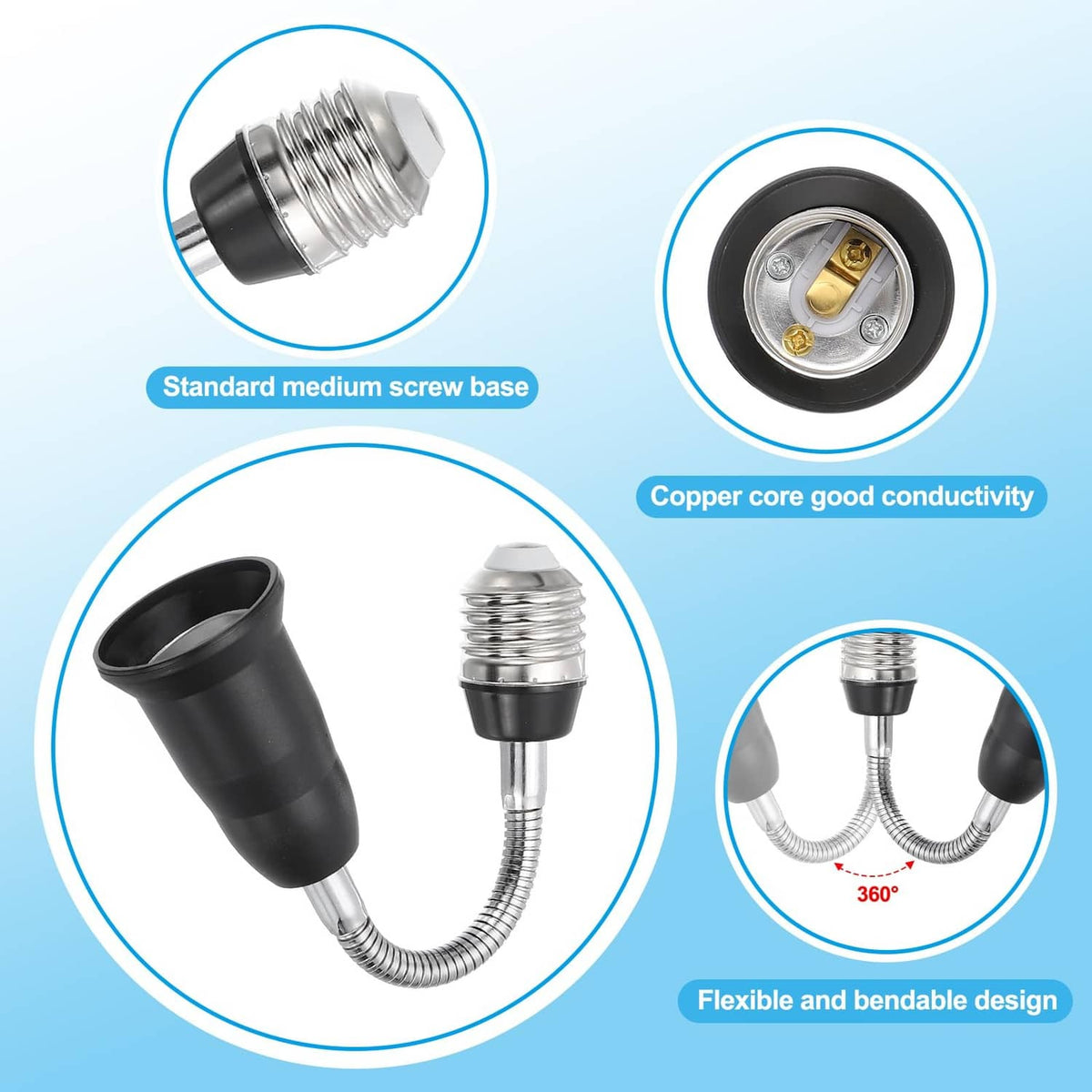 Black light socket extender with threaded screw base, flexible metal conduit, copper core