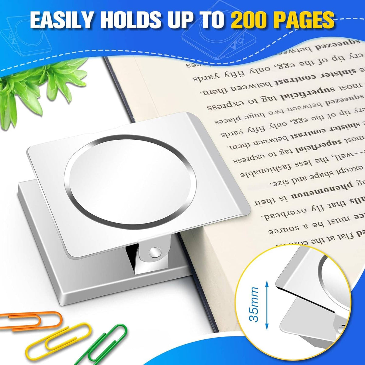 Magnetic document holder clip attaching to paper stack; silver clip with round magnet