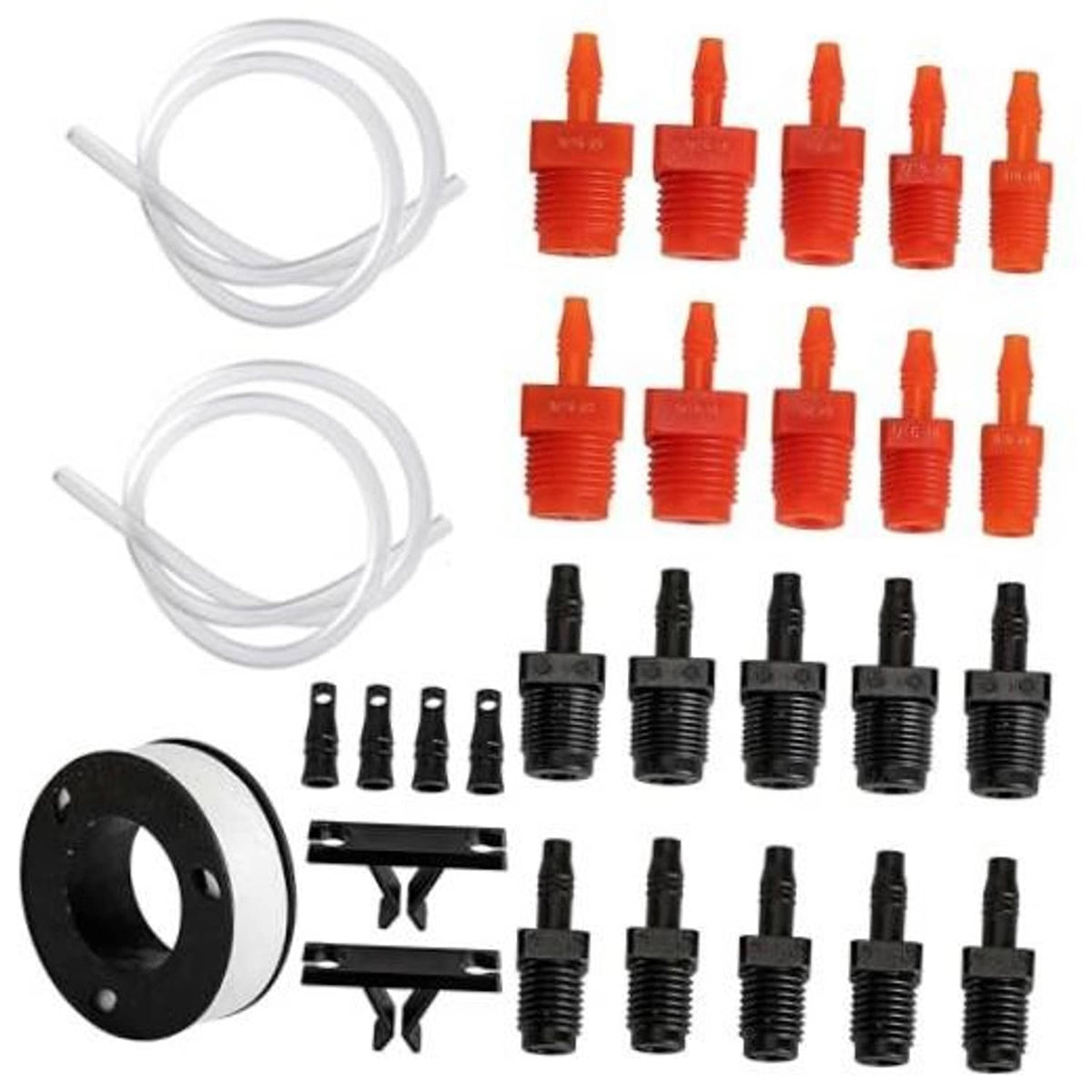 Brake bleeder replacement kit with white hoses, orange and black fittings, clips, PTFE tape
