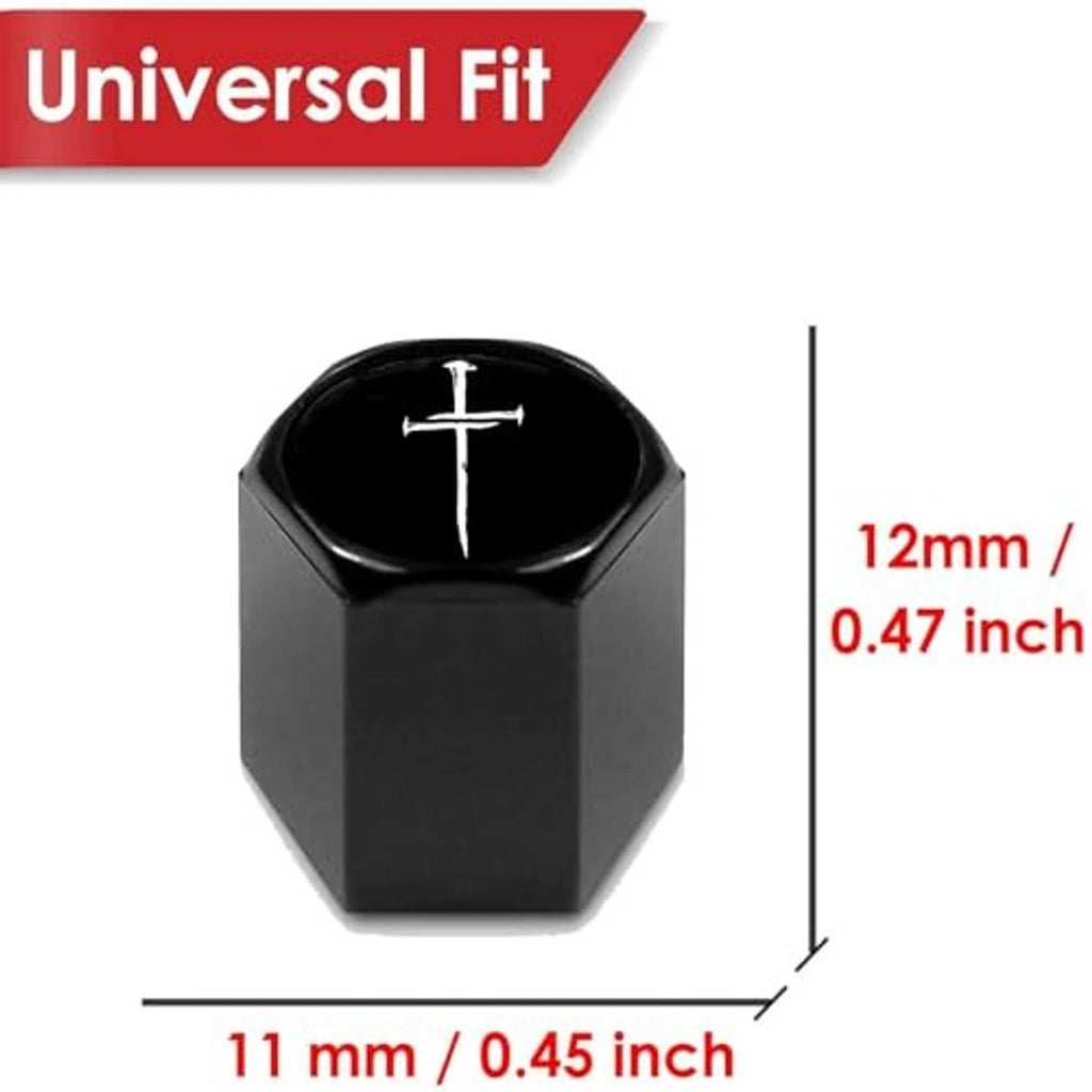 Black valve stem cap with silver cross, size 11mm and 12mm shown on diagram