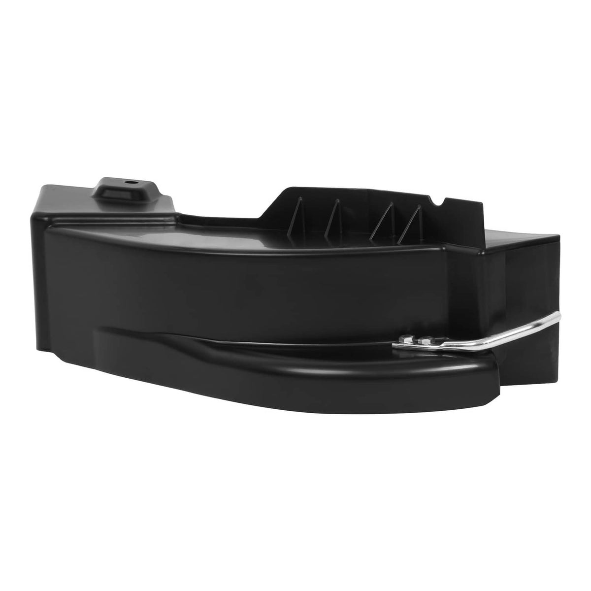 Black mulching discharge cover with vented top and curved mounting lip, metal latch bracket