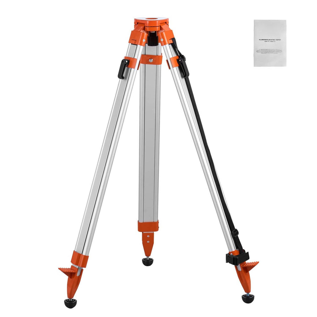 Laser level tripod stand with orange top and silver aluminum legs, adjustable height.