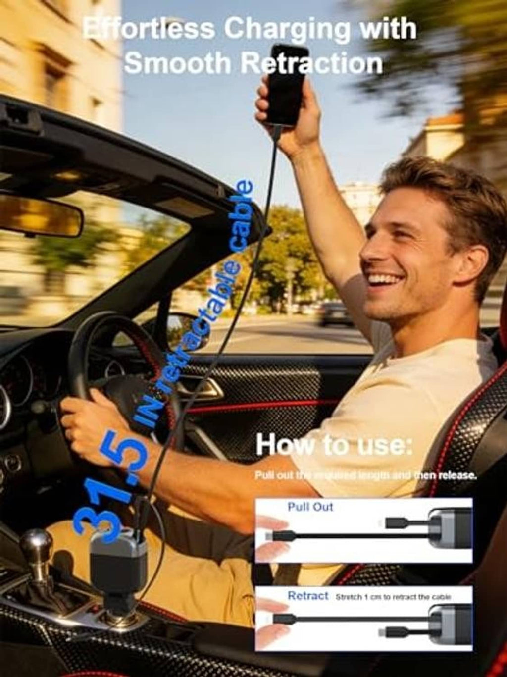 Retractable car charger cable extending from the handle for convenient in-car charging