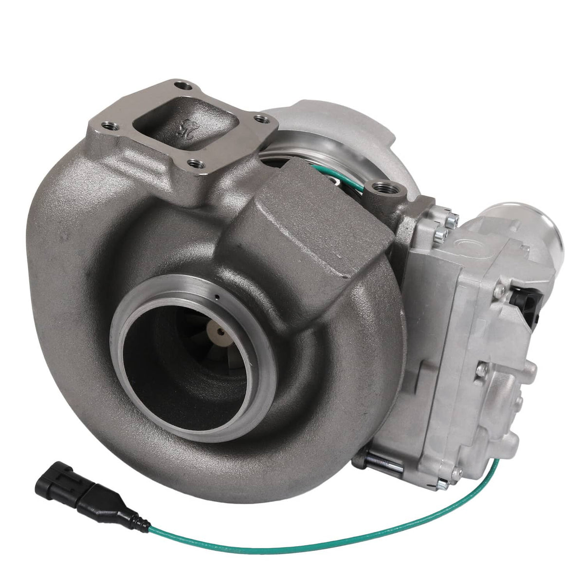 Turbocharger with dark turbine housing, compressor inlet, and green electrical wiring