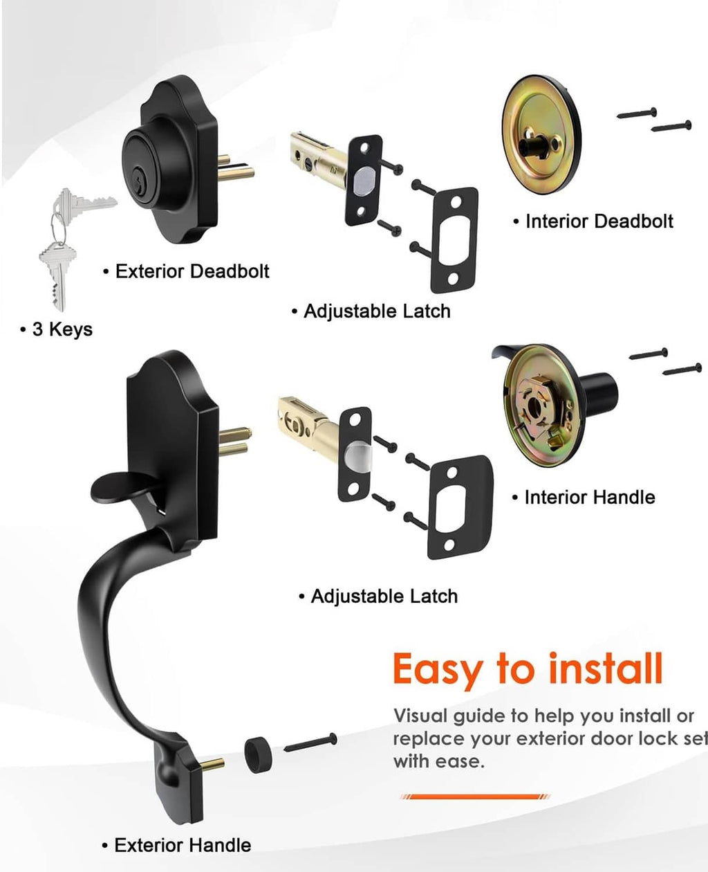 Matte black entry deadbolt set kit with keys, adjustable latch, and mounting plates